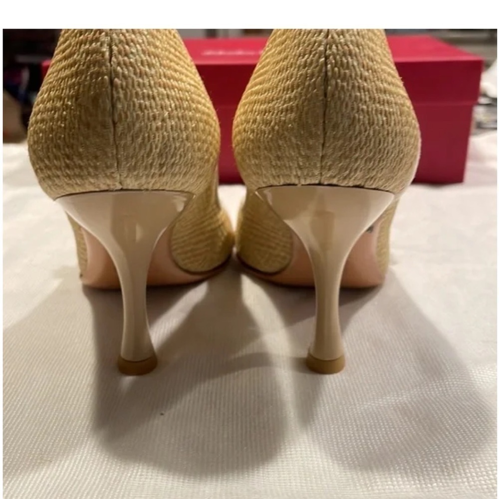 Salvatore Ferragamo Raffia Top Leather Heels Pumps with Ribbon Cream Beige 9 - Picture 4 of 16